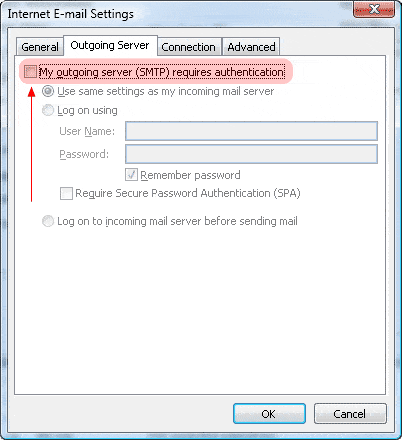 Outlook 2007 SMTP authentication