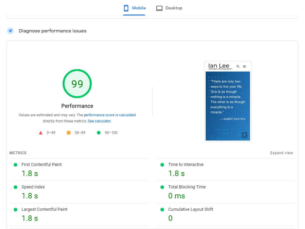 Google PageSpeed Score